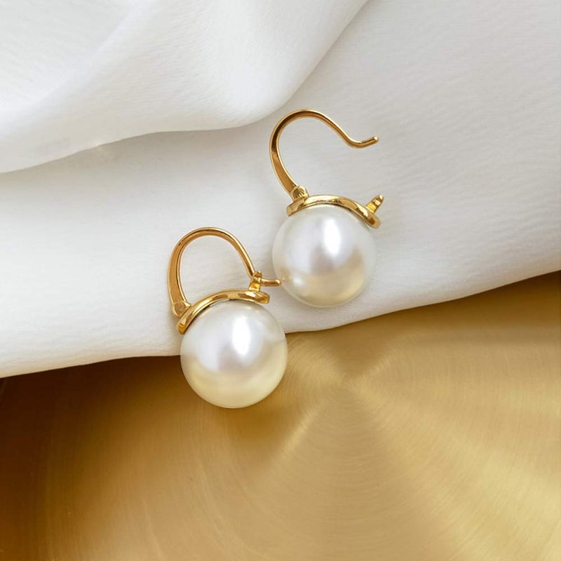 OwMell Elegant 925 Sterling Silver Pearl Drop Earrings Dangle Stud Gold Plated Earrings for Women Large Size 12mm - Gold - Image 5